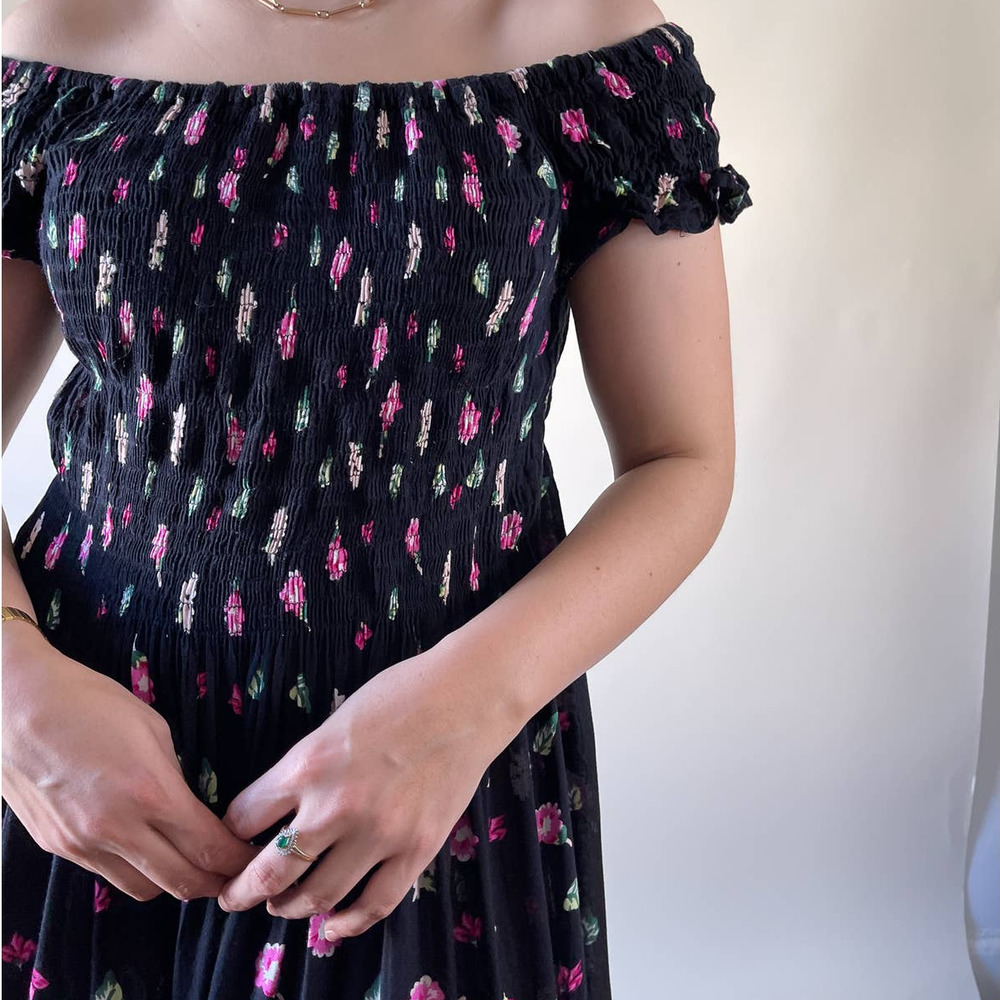 90s Vintage Black Gathered Off The Shoulder Floral Midi Dress Size S-M - Picture 5 of 5